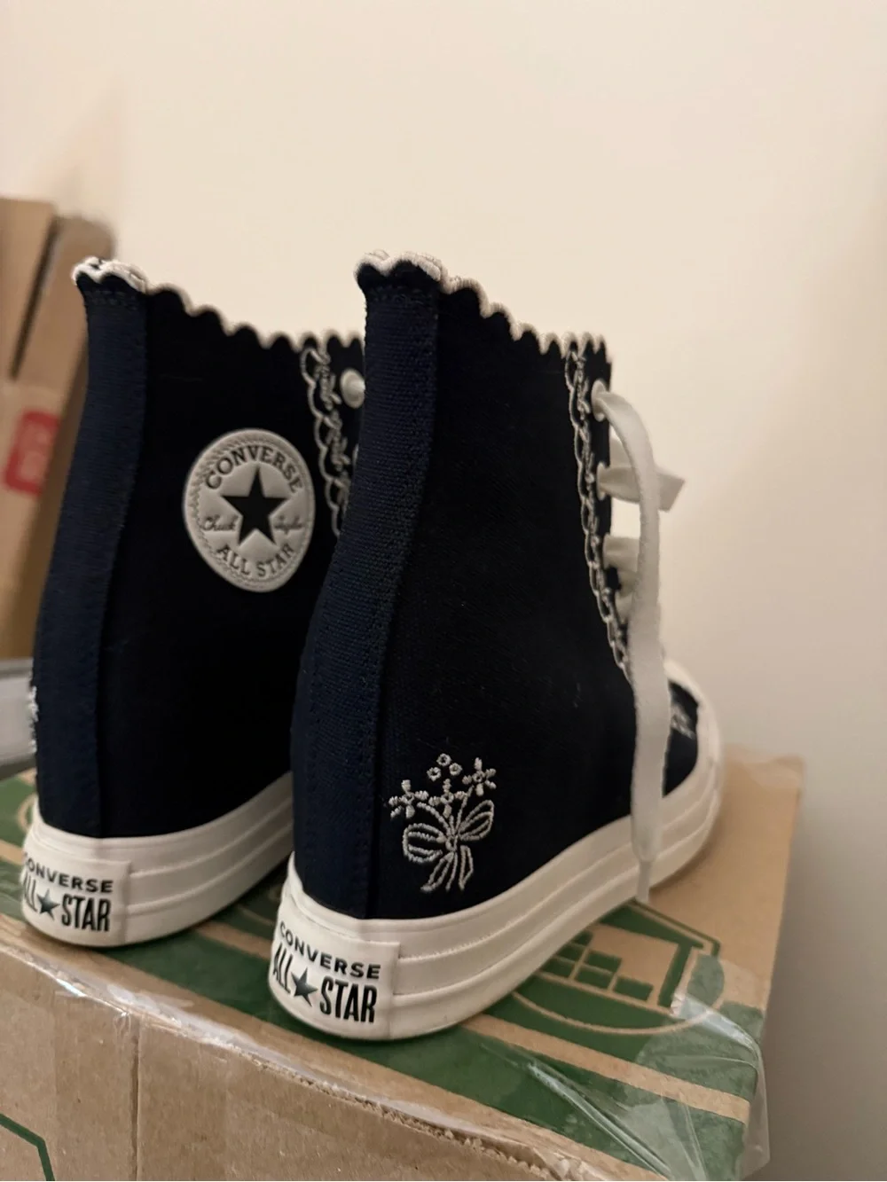 Black High-Top Canvas Sneakers with White Lace-Up and embroidery